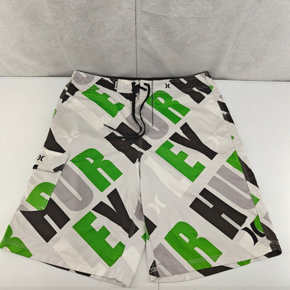 Vintage Y2K Hurley Board Shorts Mens 33 White Green Logo Swim Trunks Surf Beach